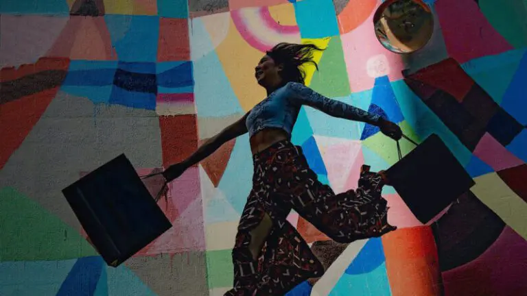 woman walking with a colourful background